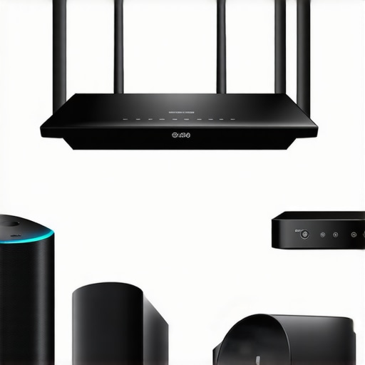 High-end mesh Wi-Fi system with multiple access points connected to audio devices in a modern home