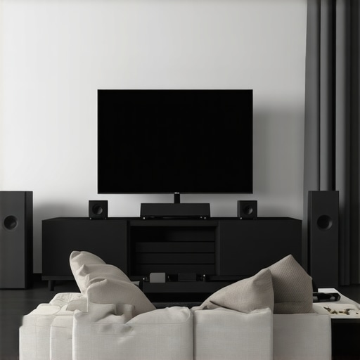 Modern living room with integrated multi-protocol wireless speakers, acoustic treatments, and voice control devices