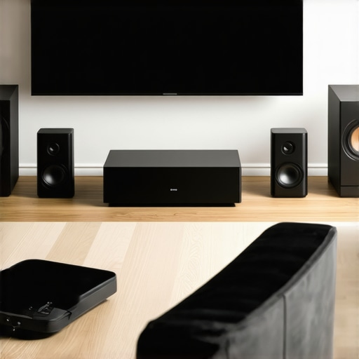 Modern home interior showcasing advanced wireless multiroom audio setup with high-res speakers and mesh Wi-Fi network