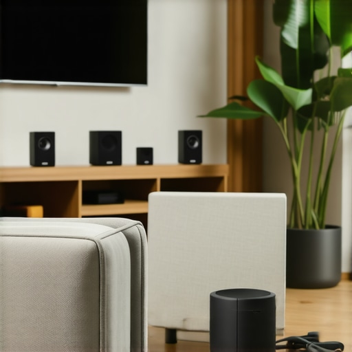 Living room with multiple connected Wi-Fi speakers playing music