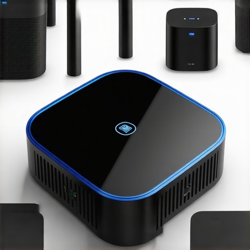 Smart home with mesh Wi-Fi system and wireless speakers in various rooms.