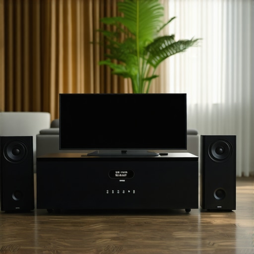 Modern living room showcasing high-end wireless multiroom audio setup with advanced networking equipment