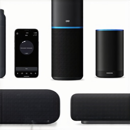 Illustration of a modern smart home with multiple wireless speakers connected to various sources