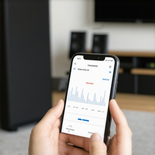 Person checking Wi-Fi signal strength with an app near home speakers.