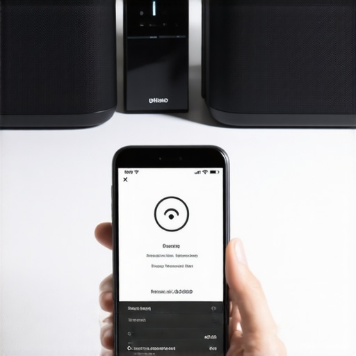 Person performing firmware update on Wi-Fi speakers in a modern living room.