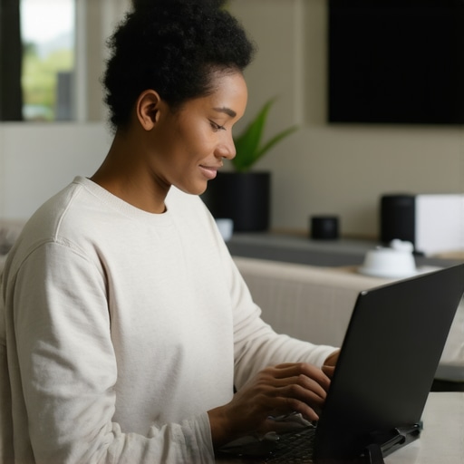 Person using a laptop to manage Wi-Fi mesh system in a sleek living room.