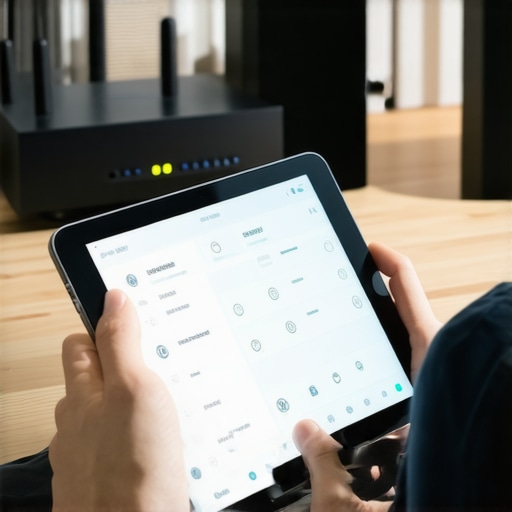 Person checking Wi-Fi network devices on a tablet for home audio system maintenance.