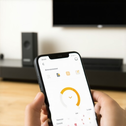 Person checking Wi-Fi network status on smartphone with home audio system nearby