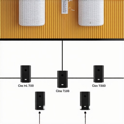 Diagram of home with Wi-Fi speakers connected through mesh network for multiroom audio