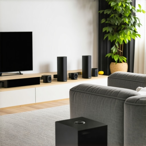 Modern living room with wireless speakers for whole-home audio