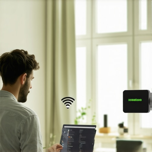 Person using a laptop to analyze Wi-Fi signals near a mesh Wi-Fi system in a cozy living room