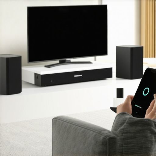 User setting up wireless speakers in living room using a smartphone.