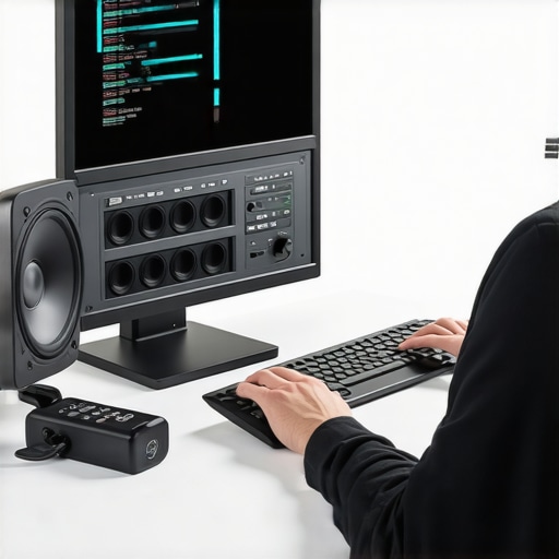 A person using a laptop with network monitoring software to optimize home Wi-Fi for audio streaming.