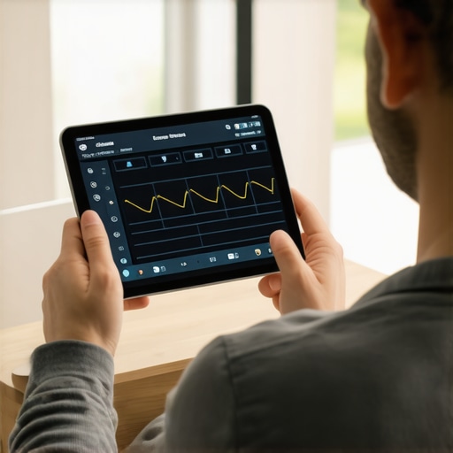 Person analyzing home Wi-Fi network on tablet with network analyzer app for optimal multiroom audio performance.