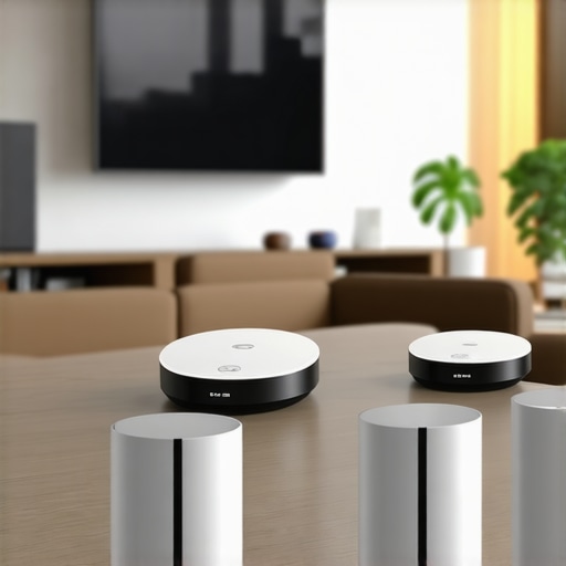 Living room with multiple Wi-Fi speakers and a central mesh Wi-Fi router
