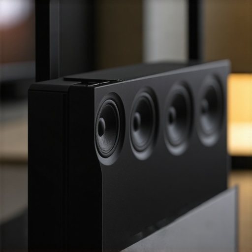 A sleek Wi-Fi router connected to several smart speakers in a contemporary living room.