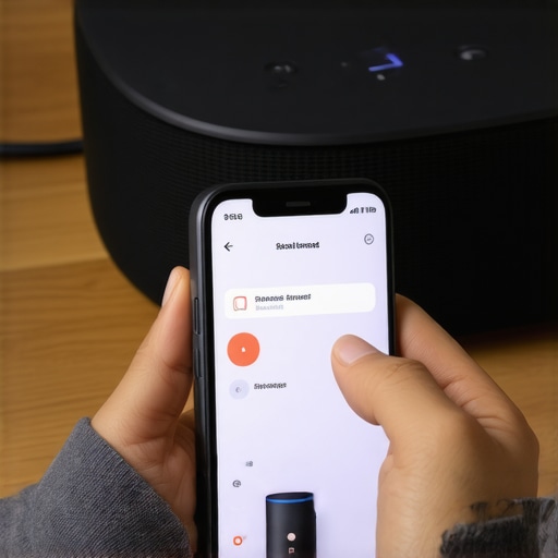 Person updating smart speaker firmware via mobile app in a home environment