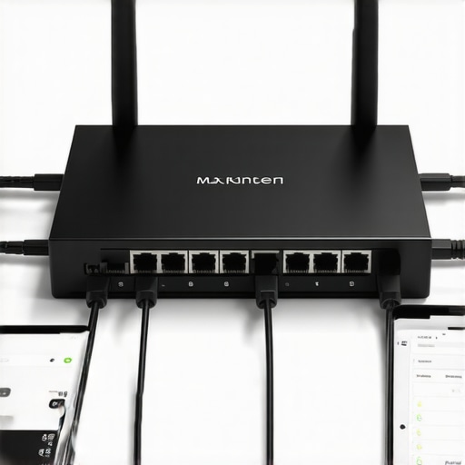 A sleek home Wi-Fi router with a smartphone showing network customization options.