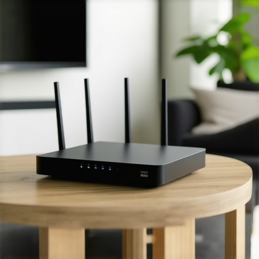 Home router and mesh nodes placed in a living room for optimal wireless coverage and minimal latency.