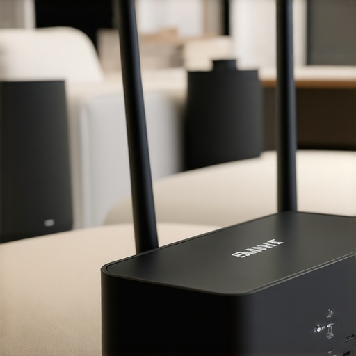 Smart home speakers connected to a Wi-Fi router in a clean, modern living room indicating stable network connectivity