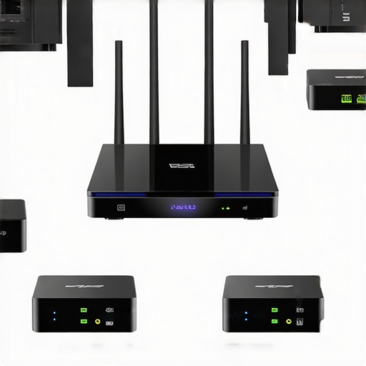 A well-organized Wi-Fi mesh network setup in a living room with multiple nodes and a router