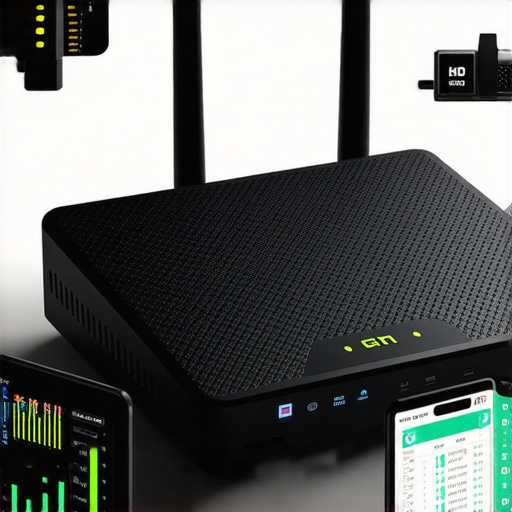A close-up of a Wi-Fi router surrounded by network analysis tools and devices, symbolizing maintenance and optimization of home audio systems.