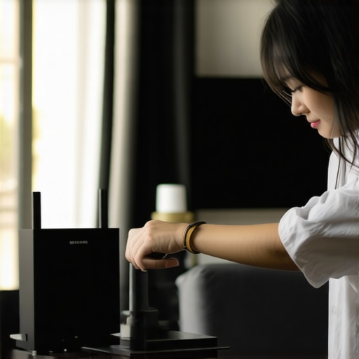 A technician checking Wi-Fi routers and audio devices in a home setting