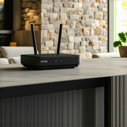 A Wi-Fi router elevated on a shelf in a stone-walled living room to improve signal coverage.