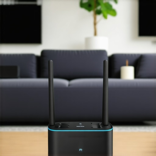 Home router placed in the center of a living room with wireless speakers demonstrating strong signals for seamless streaming.