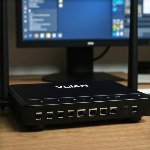 Wi-Fi router with network configuration screen emphasizing VLAN and QoS settings for home audio