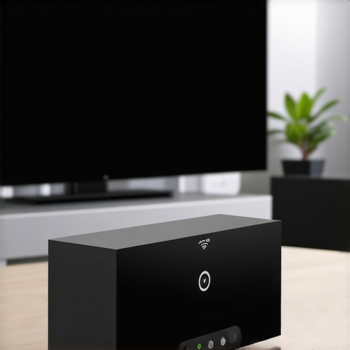 A modern living room with Wi-Fi router, multiroom speaker system, and network monitoring tools on a desk