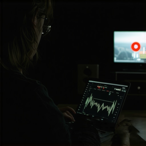 Person using a laptop to analyze Wi-Fi signals near a home speaker system